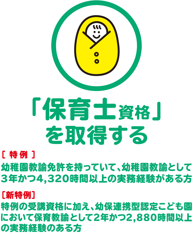 保育士資格を取得する - 幼稚園教諭免許を持っていて、幼稚園教諭として3年かつ4,320時間以上の実務経験がある方